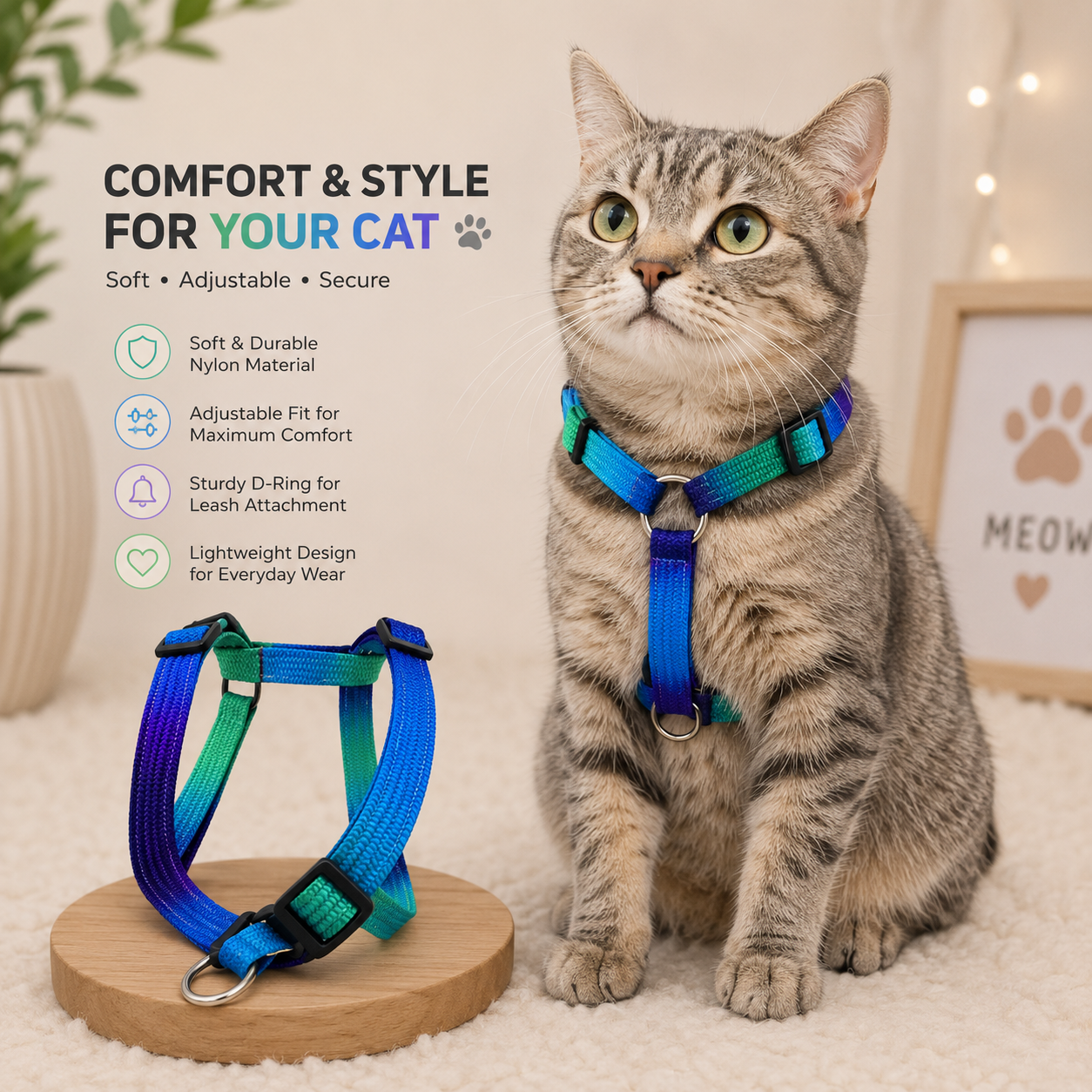Durable Nylon Colourful Harness For Cats - Multi Color - Image 2