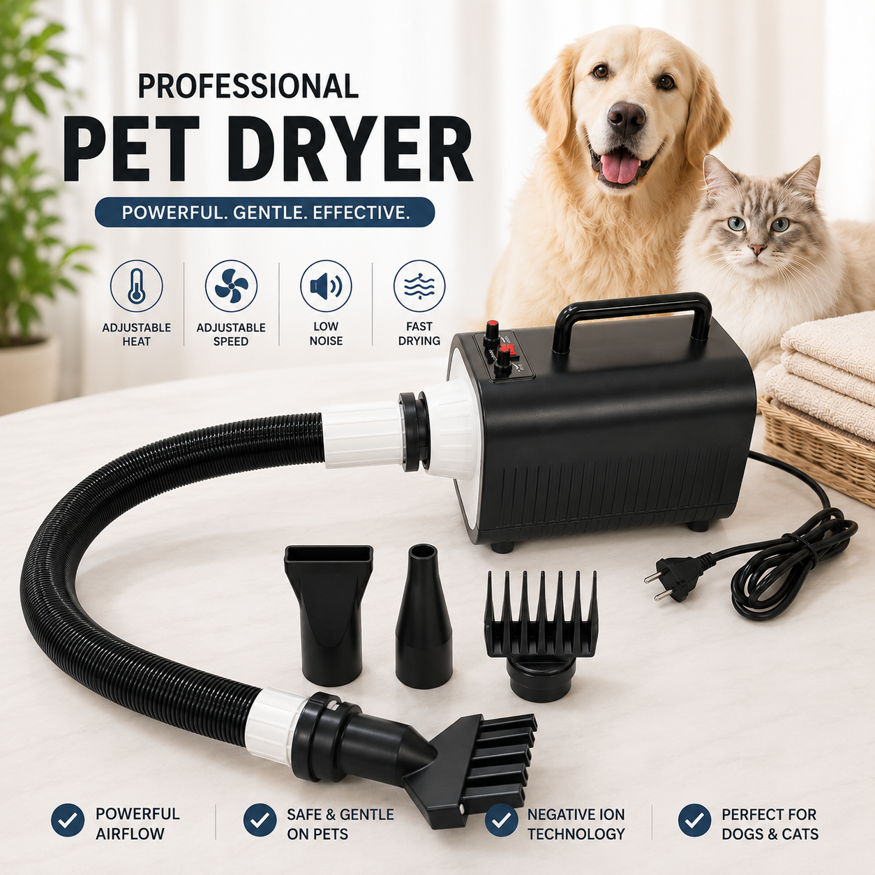 Professional Pet Hair Dryer with Adjustable Heat & Speed for Dogs & Cats - Image 3