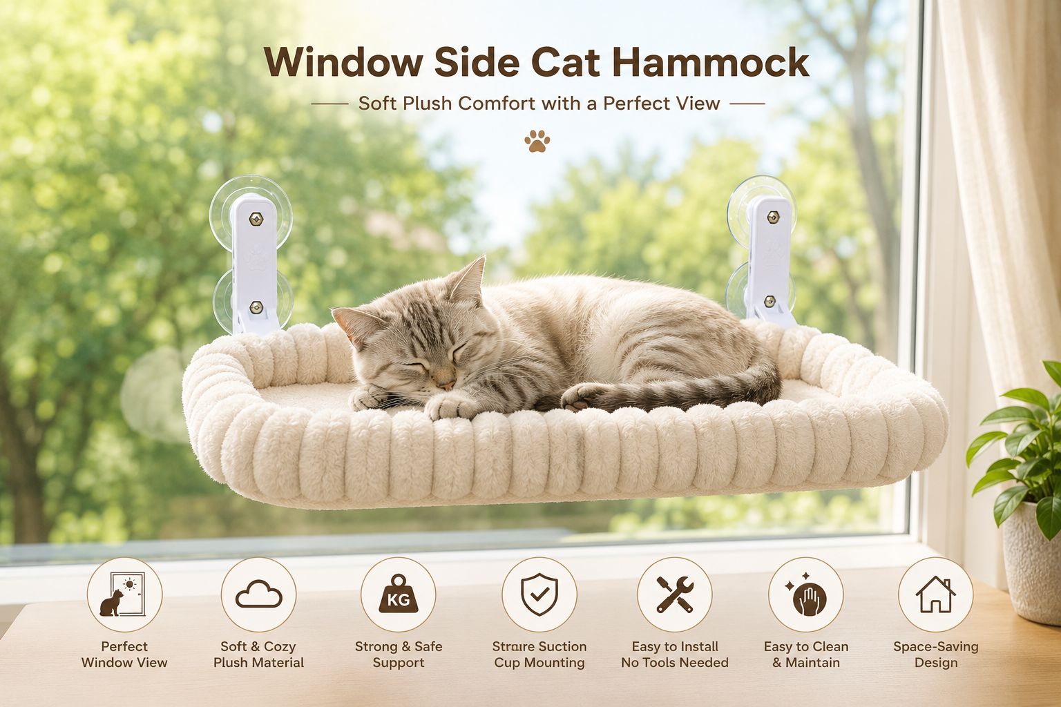Window Side Cat Hammock Soft Plush Beige