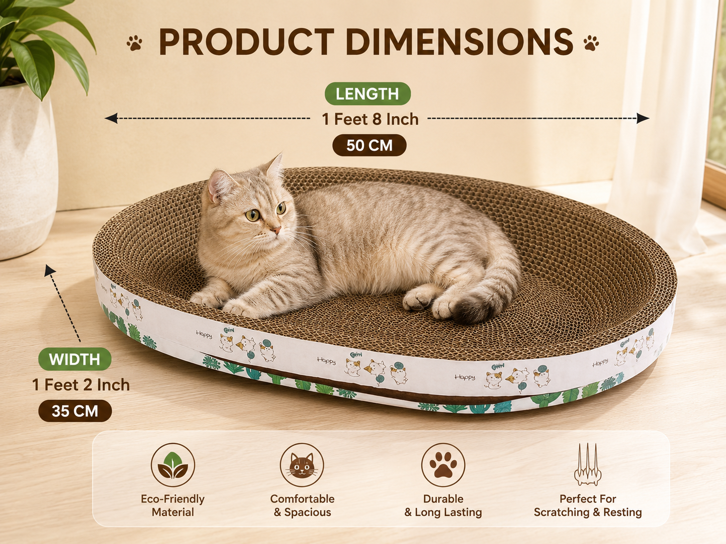 Oval Corrugated Cardboard Cat Scratcher Bed with Catnip - Image 3