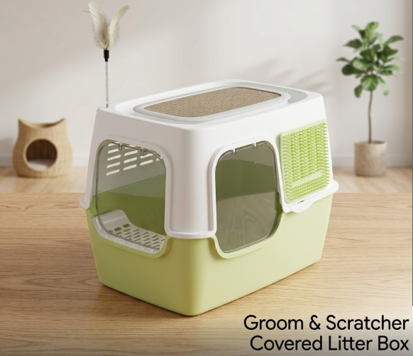 Cat Scratching Post And Cat Teaser Wand 2-in-1 Fully Enclosed Cat Litter Box - Image 3